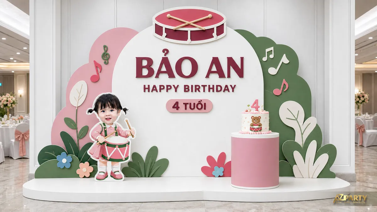 Góc sinh nhật bé Bảo An 4 tuổi với trống đỏ, nốt nhạc và khu vườn xanh hồng