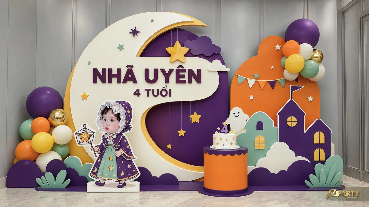 Backdrop trăng khuyết tím vàng cho bé Nhã Uyên với lâu đài đêm và cụm bóng nhiều màu