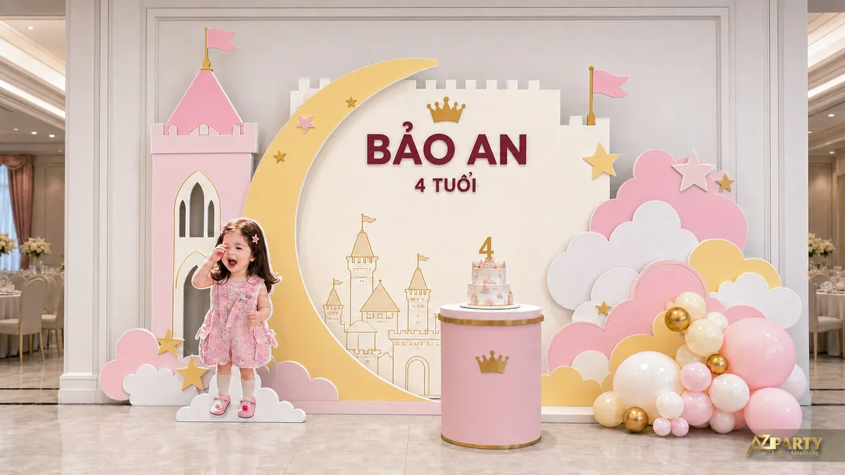 Mẫu lâu đài pastel cho bé Bảo An 4 tuổi với trăng vàng, mây hồng và bàn bánh nhỏ