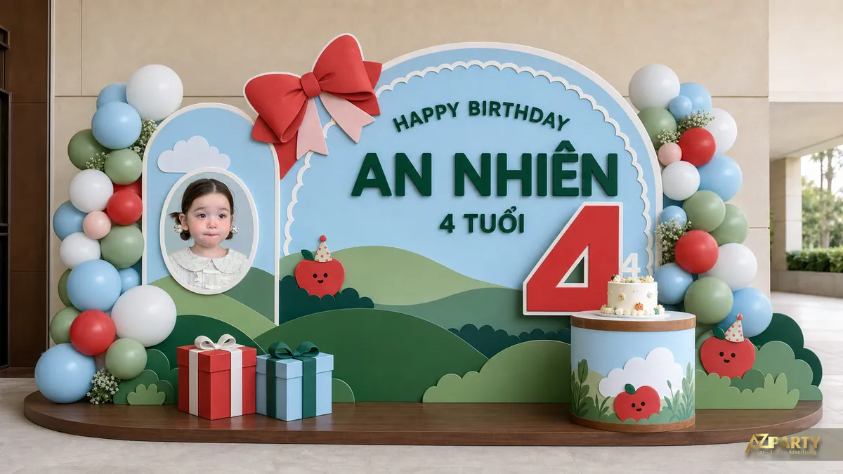 Góc tiệc bé An Nhiên màu xanh đỏ với cánh đồng dâu tây, nơ lớn và hộp quà