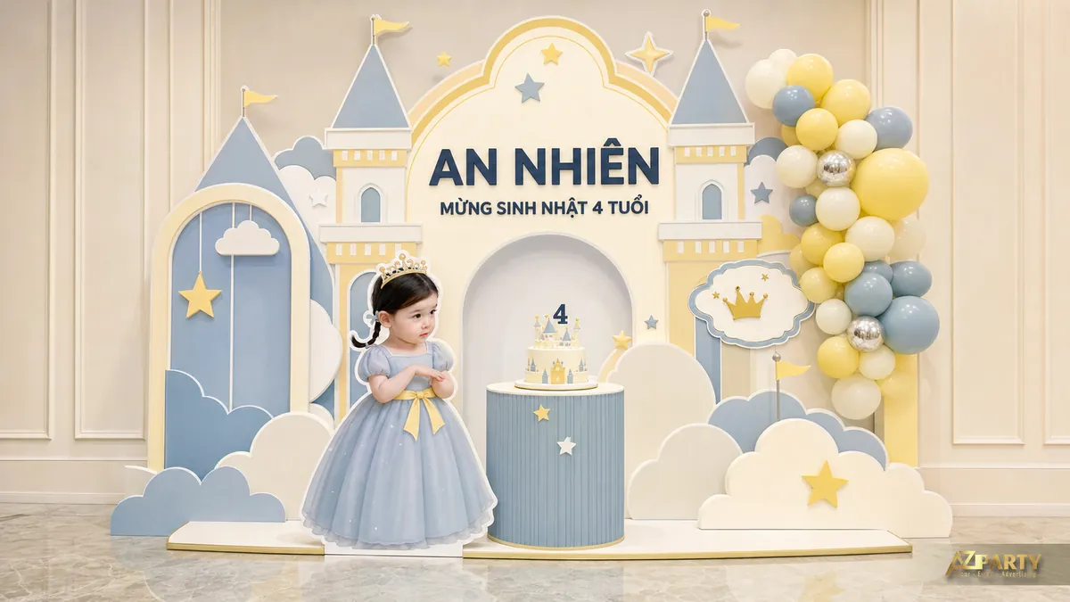 Chủ đề công chúa xanh vàng cho bé An Nhiên với lâu đài, vương miện và cụm bóng pastel