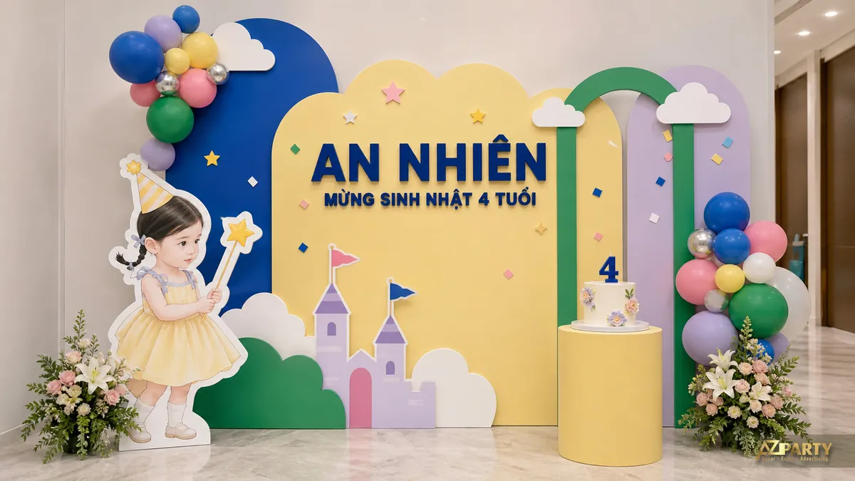 Góc sinh nhật cổ tích cho bé An Nhiên với đũa phép, cầu vồng và lâu đài nhiều màu