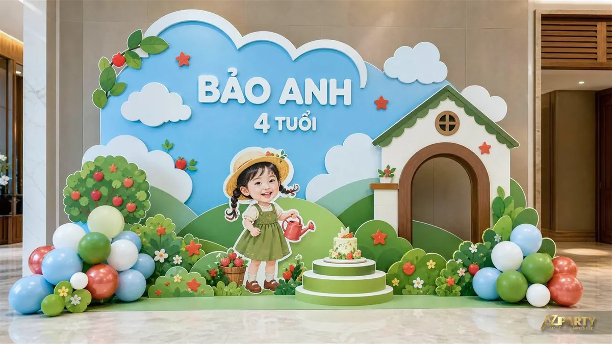 Backdrop khu vườn cho bé Bảo Anh 4 tuổi với ngôi nhà nhỏ, cây táo và hoa nhiều màu