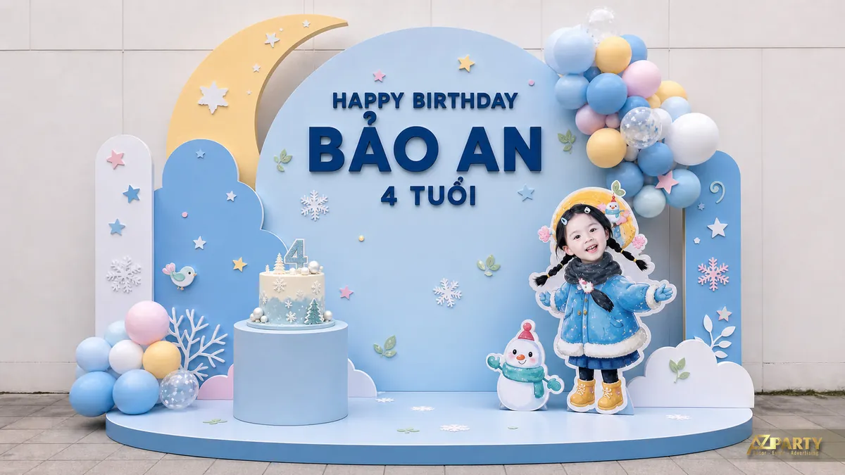 Mẫu mùa đông xanh pastel cho bé Bảo An với bông tuyết, người tuyết và cụm bóng xanh trắng