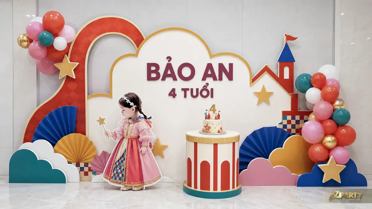 Góc tiệc bé Bảo An 4 tuổi màu đỏ xanh với quạt giấy, cầu vồng và tháp nhỏ