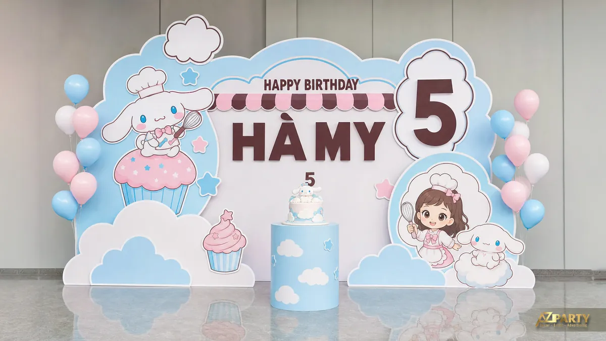 Backdrop pastel cho bé Hà My 5 tuổi với nhân vật Cinnamoroll, mây và bánh cupcake