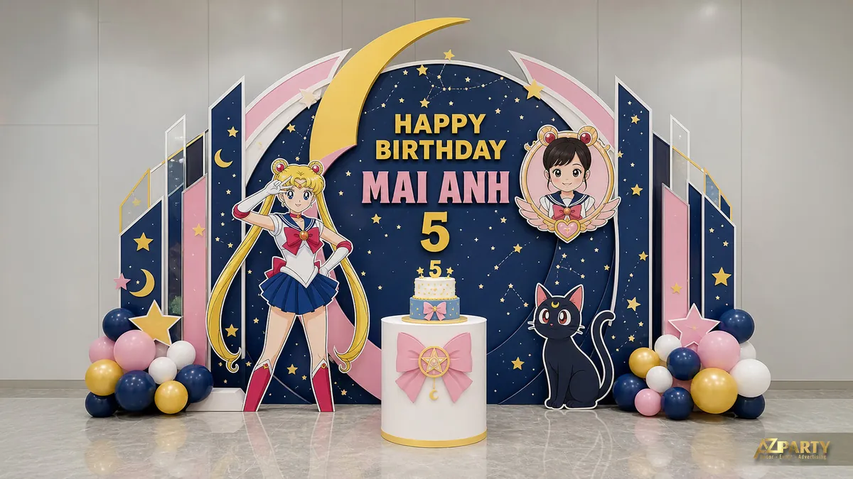 Góc sinh nhật bé Mai Anh chủ đề Sailor Moon với trăng vàng, mèo đen và bầu trời sao