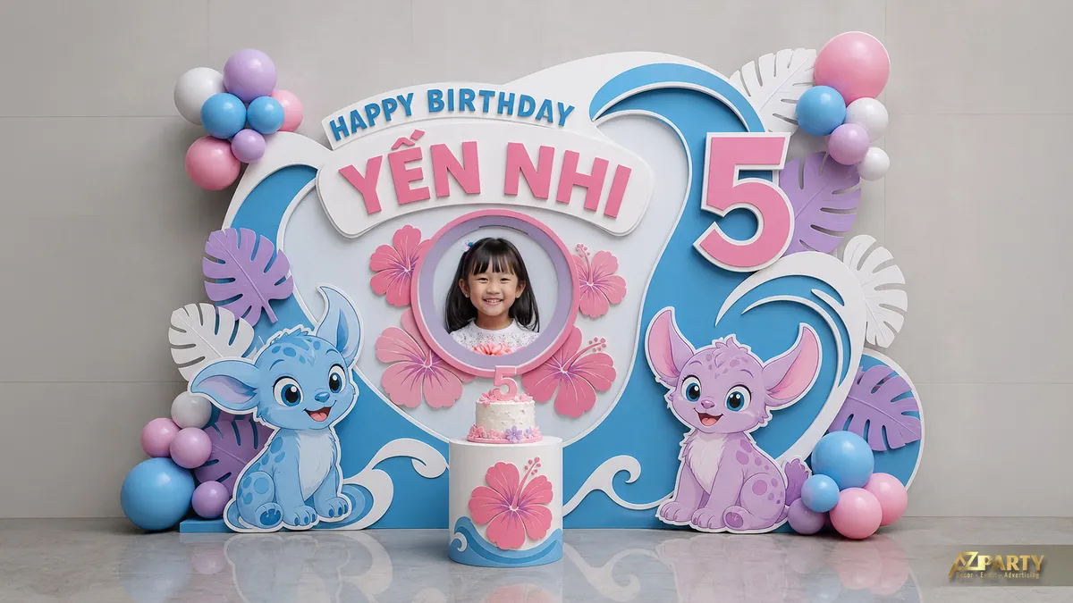 Mẫu đại dương xanh hồng cho bé Yến Nhi 5 tuổi với hai nhân vật mèo và lớp sóng cong