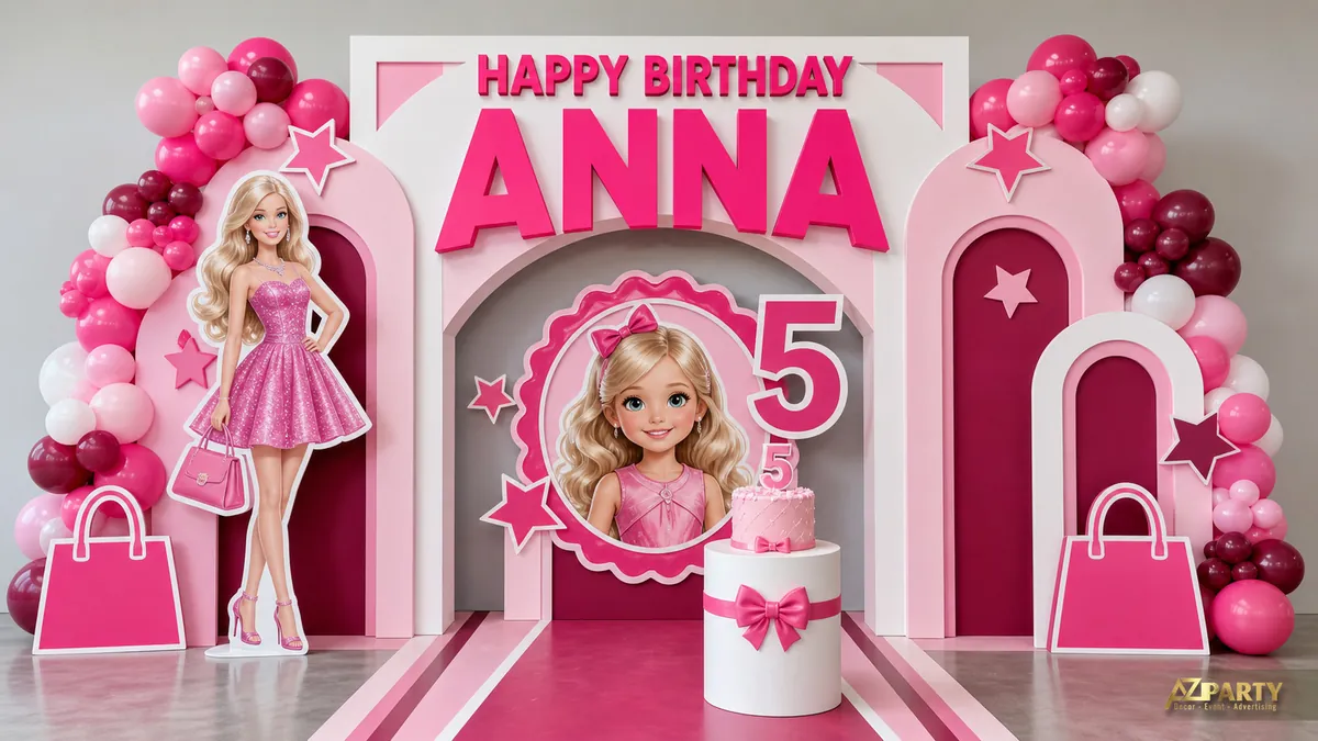 Backdrop Barbie hồng đậm cho bé Anna với sàn catwalk, túi xách và khung cửa vòm