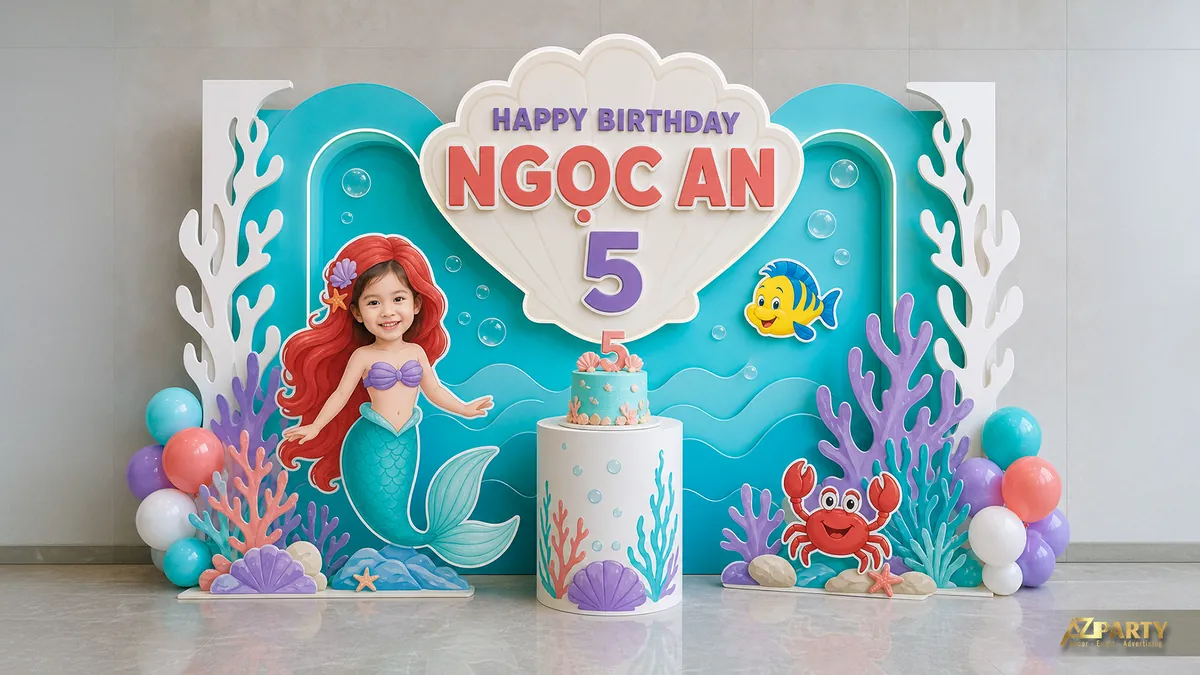 Góc tiệc nàng tiên cá cho bé Ngọc An 5 tuổi với san hô, cá nhỏ và nền biển xanh
