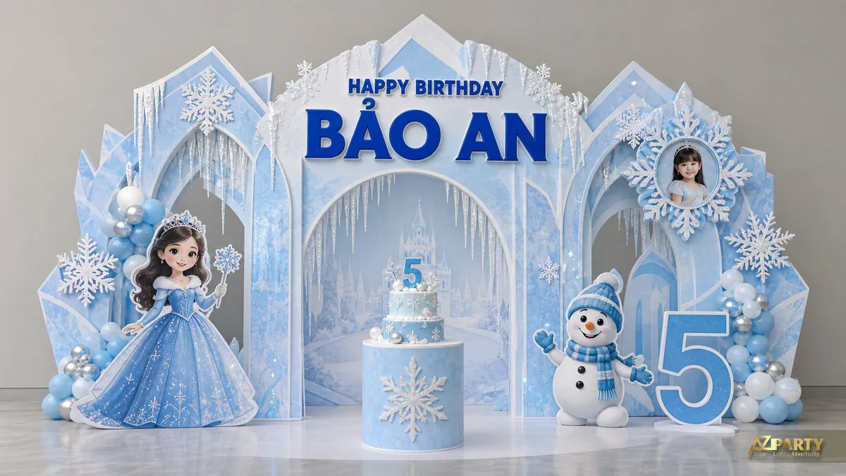 Backdrop mùa đông xanh bạc cho bé Bảo An với công chúa băng giá, người tuyết và bông tuyết