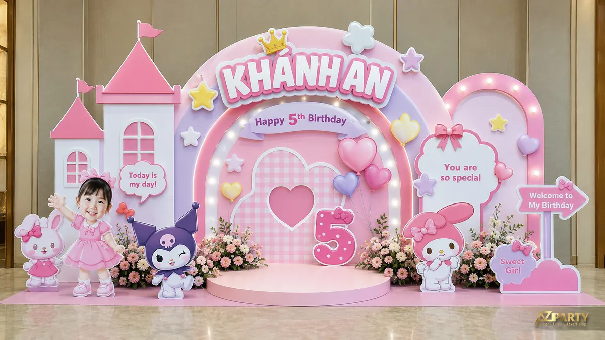 Chủ đề My Melody và Kuromi màu hồng cho bé Khánh An với lâu đài và bảng chỉ đường