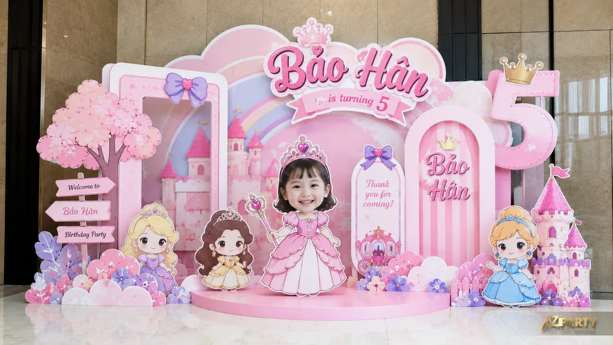 Góc sinh nhật công chúa cho bé Bảo Hân 5 tuổi với lâu đài hồng và nhiều nhân vật búp bê