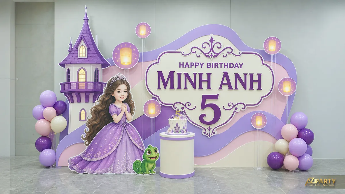 Backdrop công chúa tóc mây màu tím cho bé Minh Anh với tháp cao và đèn tròn