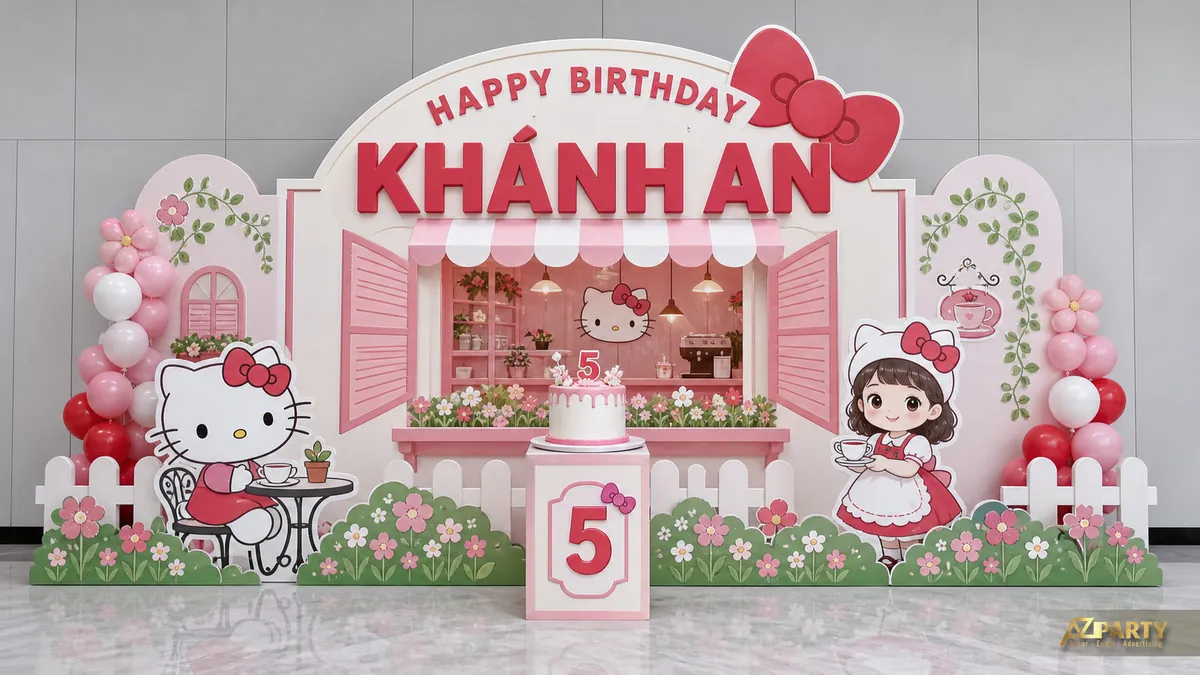 Mẫu Hello Kitty cho bé Khánh An 5 tuổi với cửa hàng hồng, hàng rào và vườn hoa