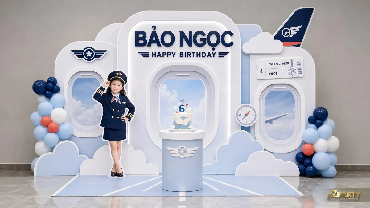 Góc sinh nhật phi công cho bé Bảo Ngọc 6 tuổi với máy bay, cửa sổ cabin và mây xanh
