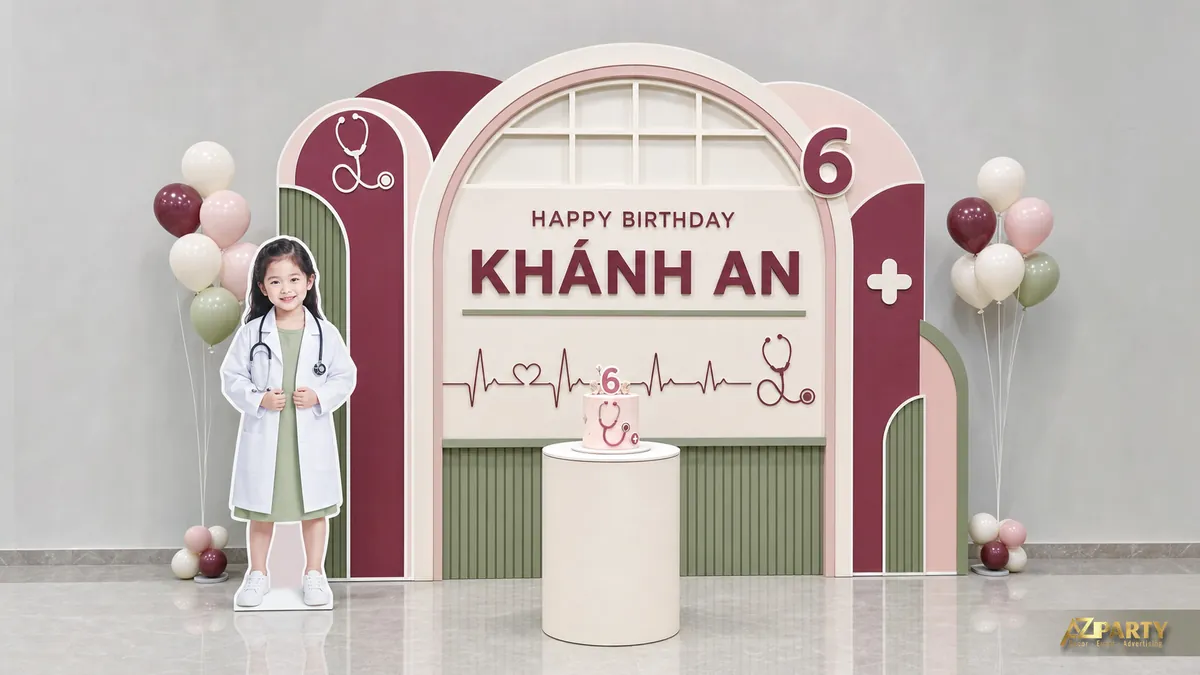 Mẫu bác sĩ cho bé Khánh An 6 tuổi với ống nghe, nhịp tim và nền đỏ xanh olive