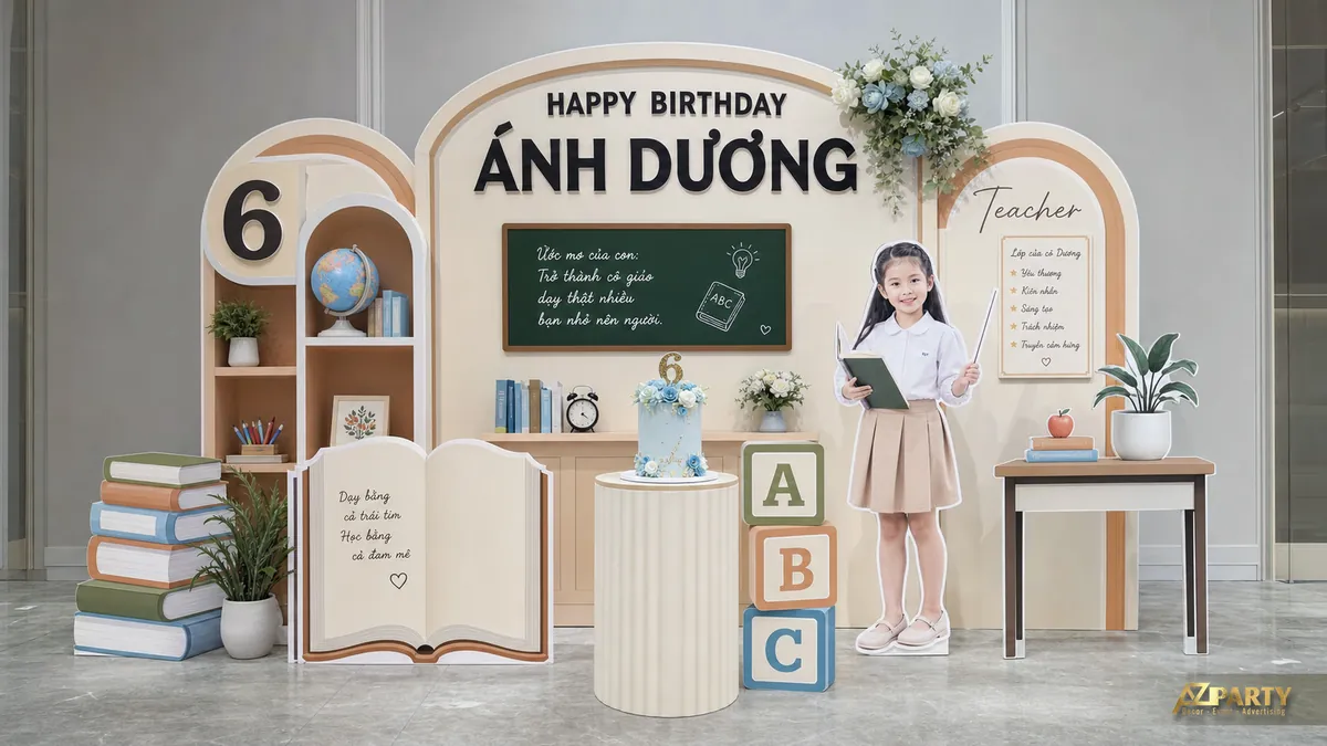 Backdrop lớp học cho bé Ánh Dương với bảng phấn, bàn giáo viên và khối chữ ABC