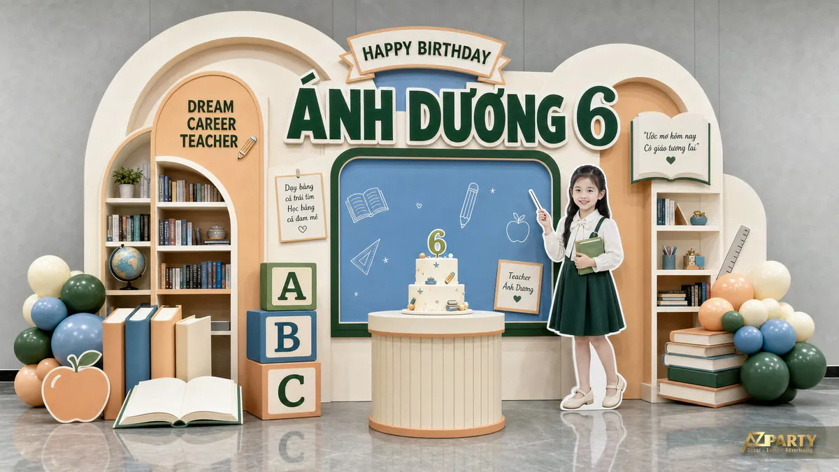 Góc thư viện cho bé Ánh Dương 6 tuổi với bảng dạy học, sách và quả địa cầu