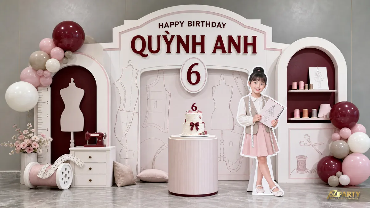 Backdrop nhà thiết kế thời trang cho bé Quỳnh Anh với mannequin, váy và tủ phụ kiện