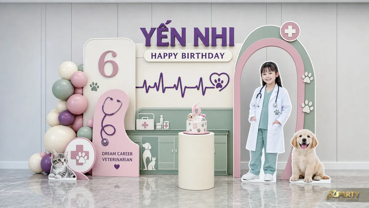Góc sinh nhật nghề bác sĩ cho bé Yến Nhi với ống nghe, nhịp tim và các dụng cụ y tế