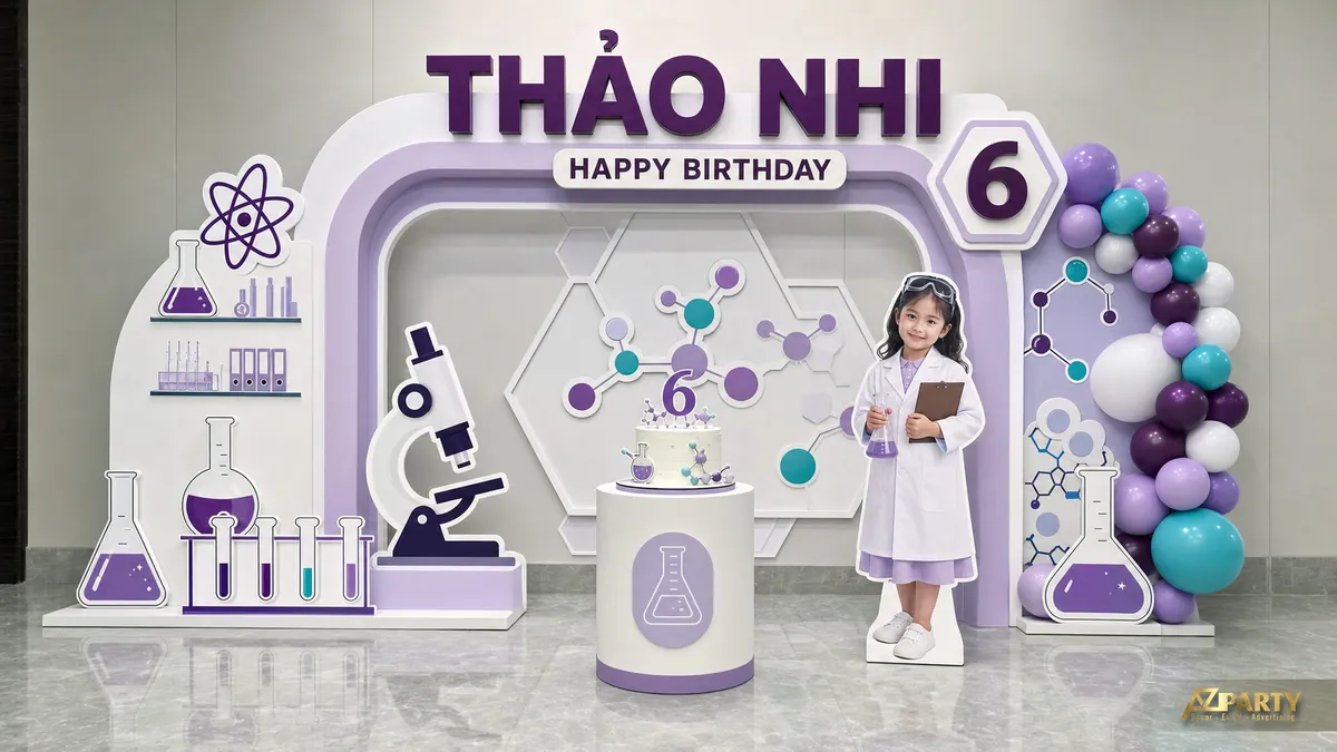 Phòng thí nghiệm tím xanh cho bé Thảo Nhi 6 tuổi với kính hiển vi và dụng cụ hóa học