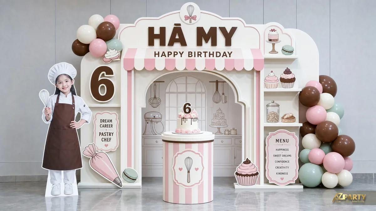 Backdrop đầu bếp cho bé Hà My 6 tuổi với gian bếp, thực đơn và bánh cupcake