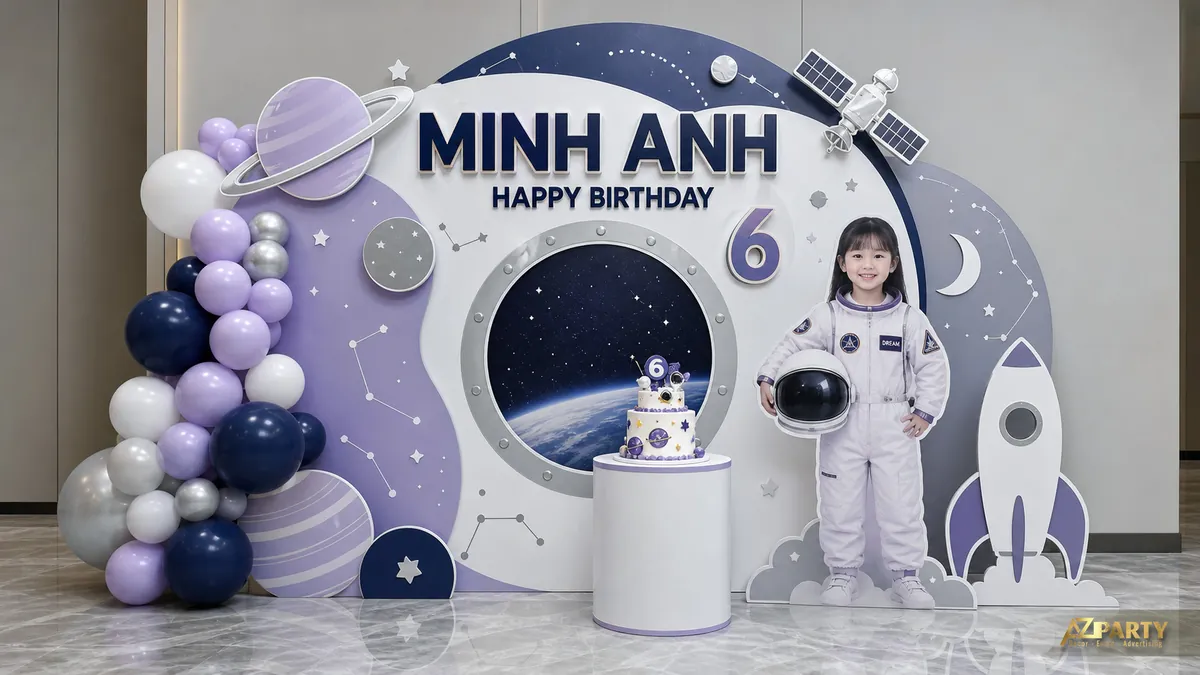 Chủ đề phi hành gia cho bé Minh Anh 6 tuổi với tên lửa, hành tinh và cửa sổ không gian