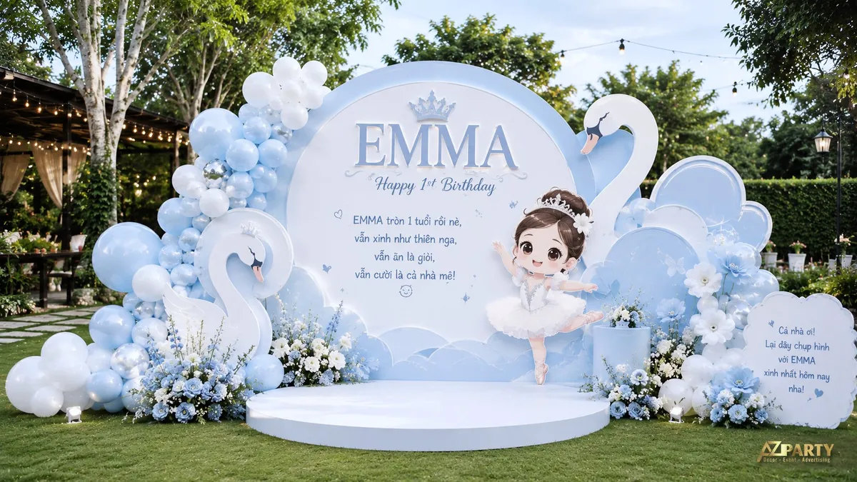 Backdrop sinh nhật bé gái ngoài trời tone xanh pastel với thiên nga, bóng bay và nhân vật ballerina