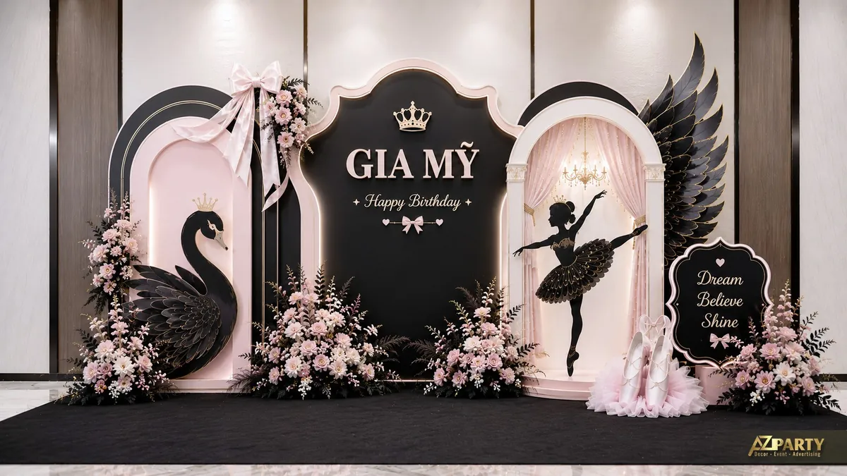 Backdrop black swan sinh nhật bé gái với nền đen hồng, vũ công ballet và cụm hoa pastel