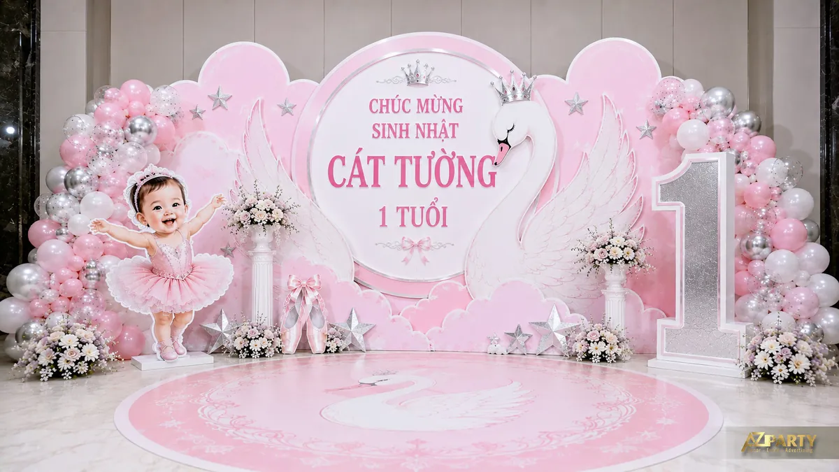 Backdrop sinh nhật bé gái 1 tuổi màu hồng bạc với cánh thiên nga, bóng bay và số tuổi lớn