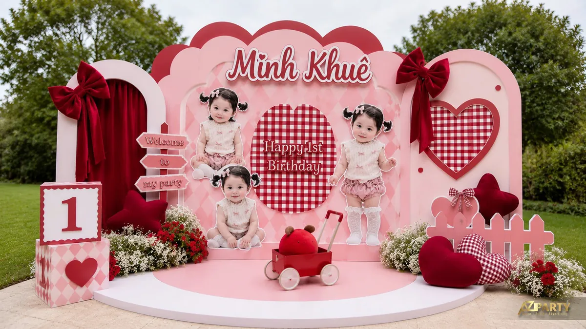 Mẫu trang trí sinh nhật bé gái ngoài trời tone hồng đỏ với phông tim, nơ lớn và xe kéo mini