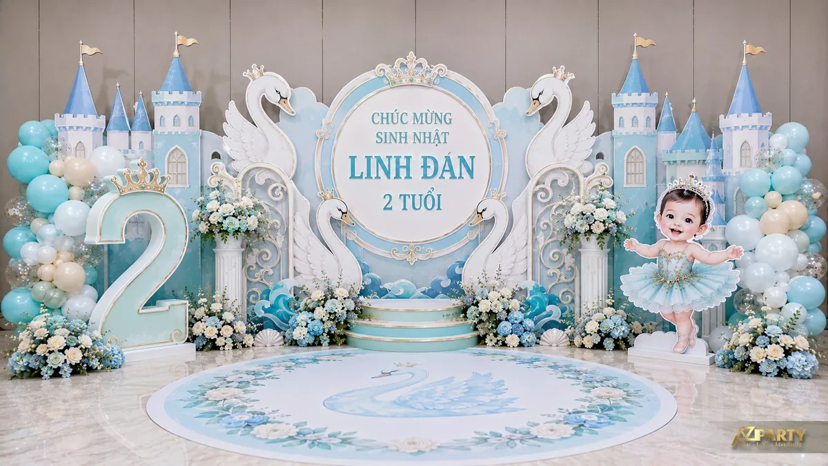 Sân khấu sinh nhật bé gái 2 tuổi tone xanh ngọc với lâu đài, thiên nga và bóng bay pastel