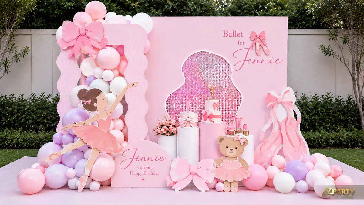 Mẫu sinh nhật little ballerina ngoài trời màu hồng với bóng pastel, giày ballet và gấu bông váy múa
