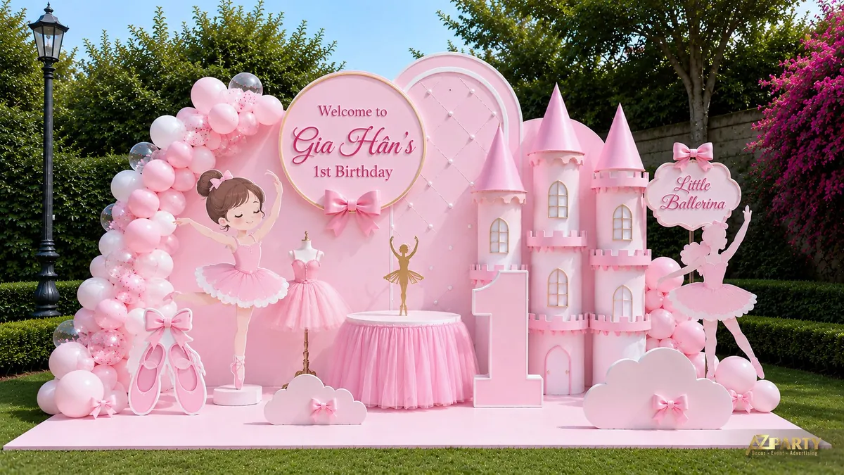 Backdrop sinh nhật bé gái little ballerina với lâu đài hồng, váy múa, nơ và số 1 ngoài trời