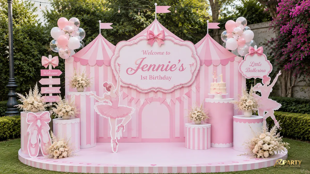 Sân khấu sinh nhật Jennie chủ đề little ballerina với phông rạp hồng, bánh sinh nhật và standee vũ công