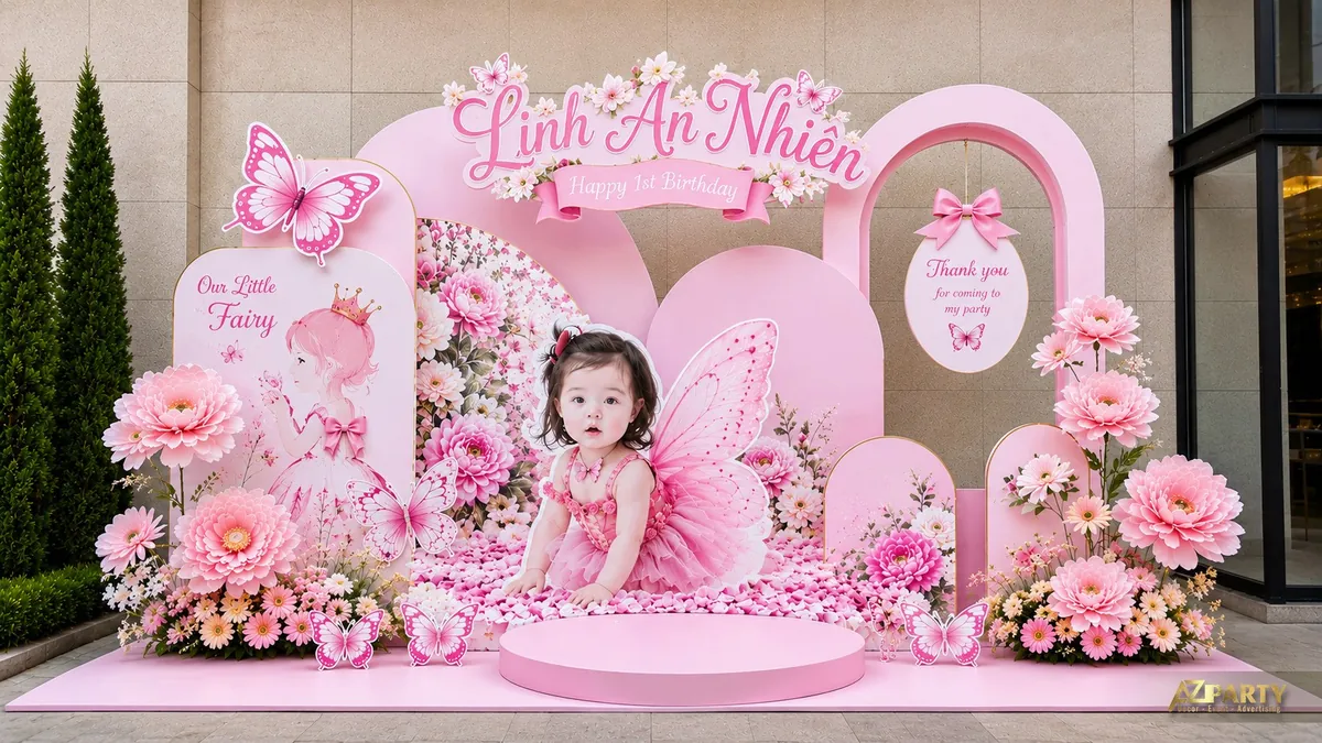 Trang trí sinh nhật bé Linh An Nhiên chủ đề nàng tiên hoa với cánh bướm và hoa hồng
