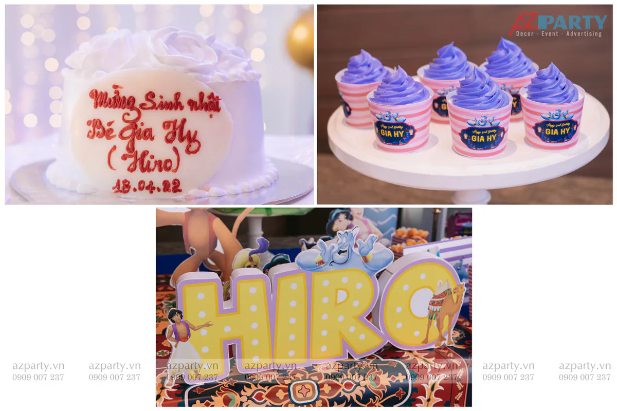 Các chi tiết trang trí tiệc sinh nhật gồm bánh kem viết tên Gia Hỷ (Hiro), cupcake kem tím bắt mắt và mô hình tên HIRO cách điệu phát sáng.