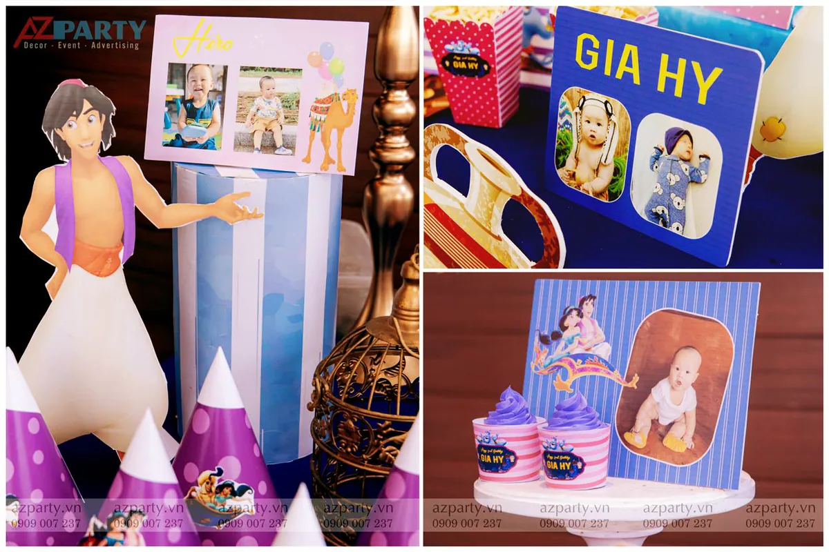 Các khung ảnh kỷ niệm của bé Gia Hỷ được lồng ghép nghệ thuật với các hình ảnh hoạt hình Aladdin và công chúa Jasmine.