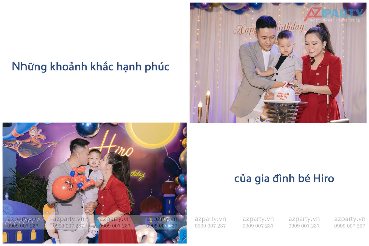 Collage hình ảnh gia đình bé Hiro hạnh phúc bên nhau, bố mẹ thơm má bé và cùng bé cắt bánh kem mừng tuổi mới.