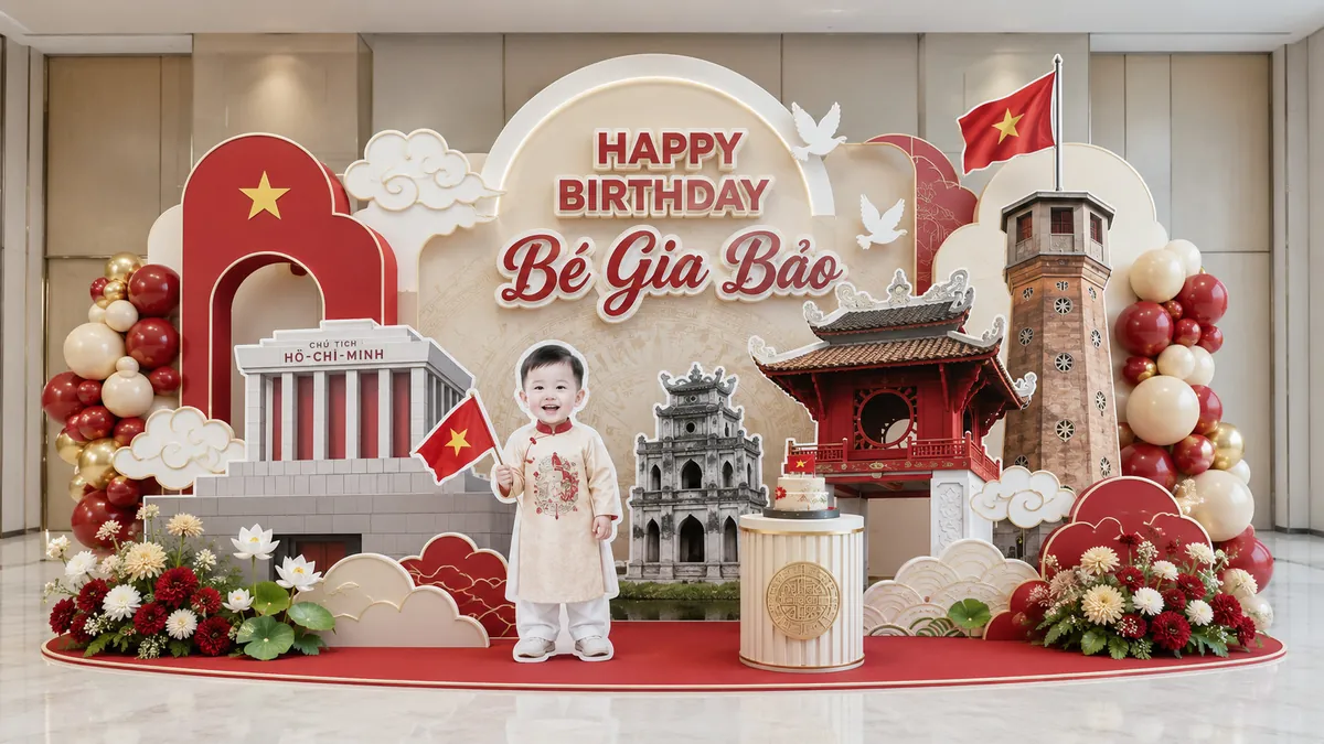 Cổng vòm đỏ trắng với mô hình chùa, cờ Việt Nam và cụm bóng hai bên