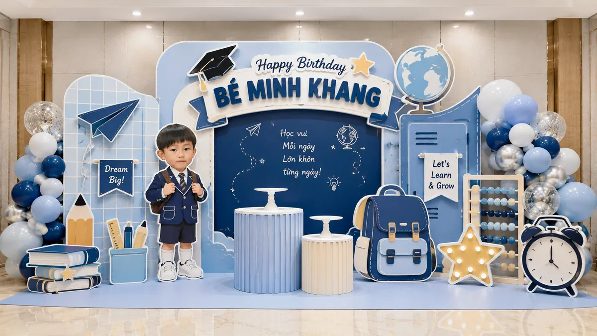 Set xanh navy với balo, đồng hồ, bàn bánh và bảng tên Minh Khang