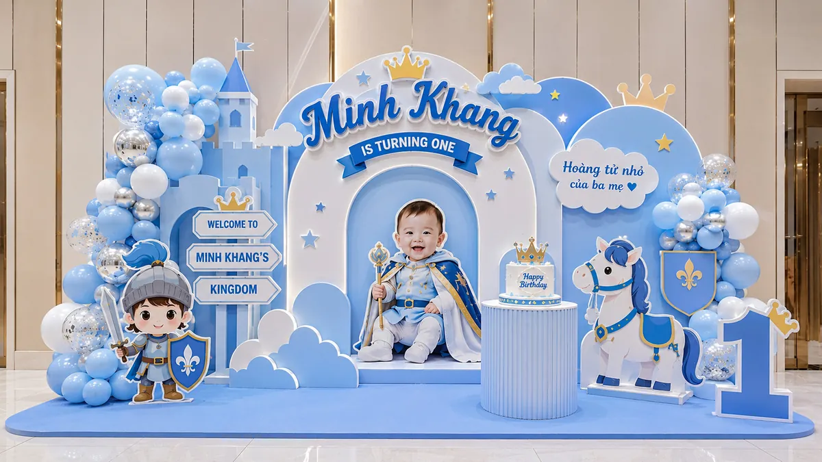 Tông xanh baby với mây, khinh khí cầu, mô hình số 1 và bàn bánh