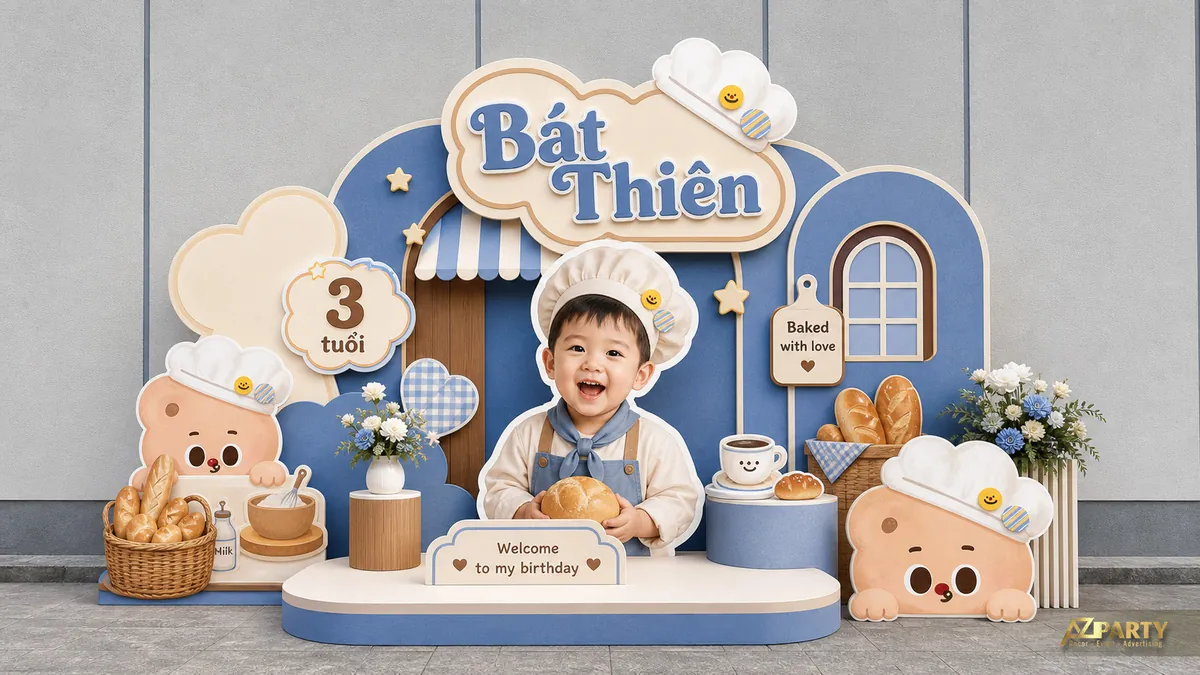 Tông xanh be với gấu, mây, cụm bóng và bảng tên Bát Thiên 3 tuổi