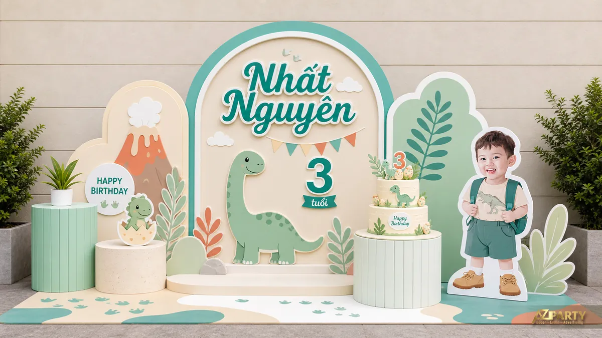 Chủ đề khủng long xanh pastel với núi lửa, cây nhiệt đới và bàn trụ