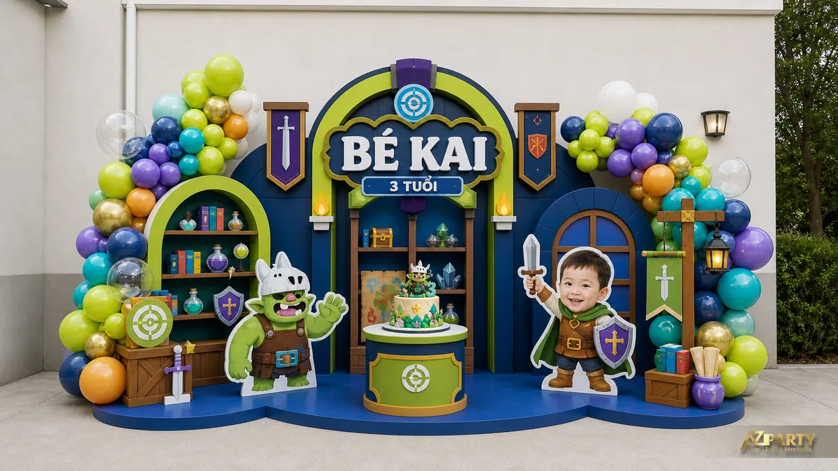 Chủ đề game phiêu lưu với cổng xanh, quầy nhỏ và cụm bóng nhiều màu