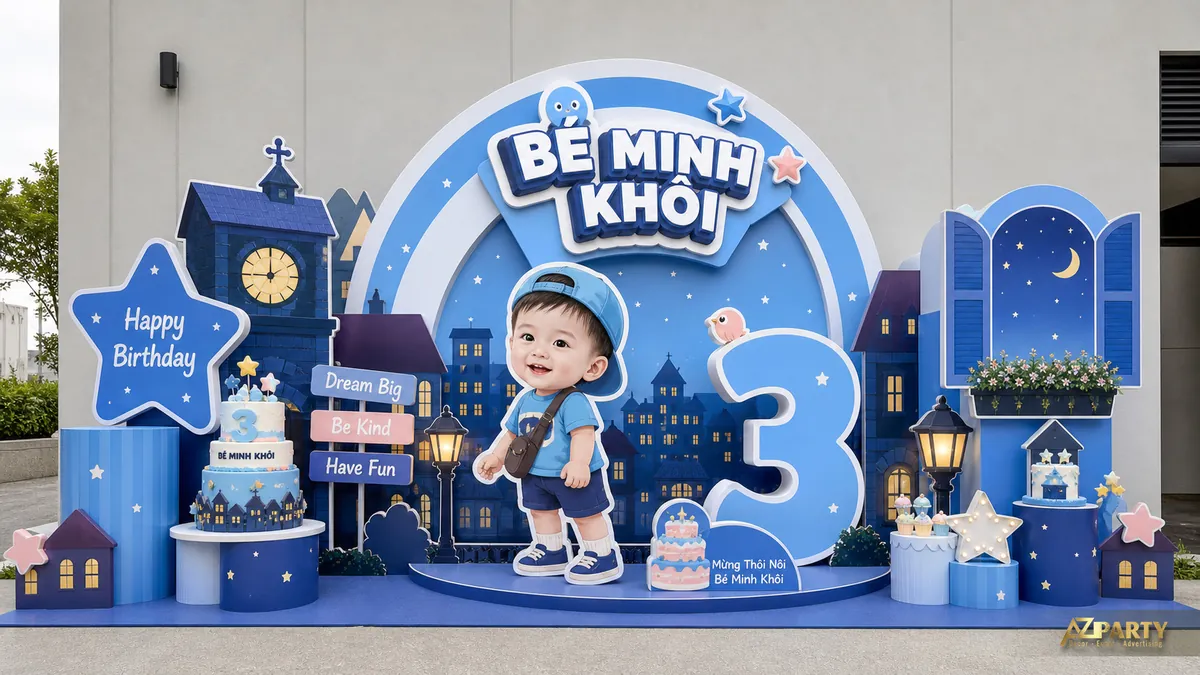 Nền xanh navy với thành phố, mây, bàn bánh và mô hình số 3