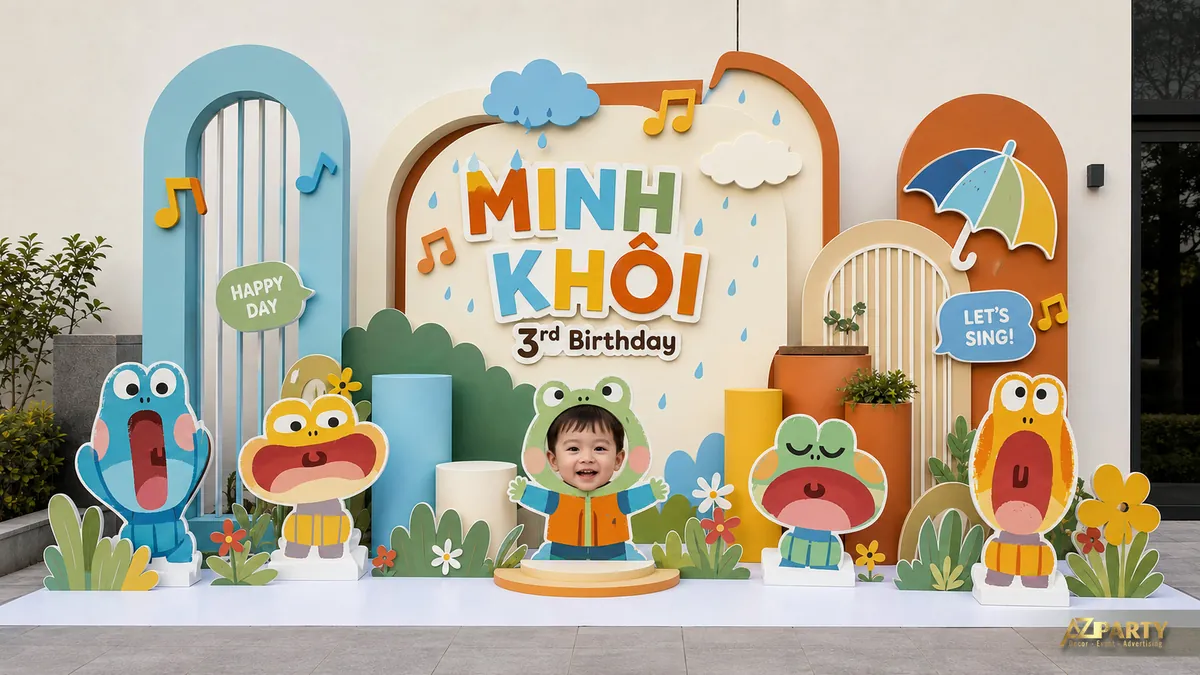 Nhân vật hoạt hình vui nhộn với ô mưa, nốt nhạc, cửa vòm và cây xanh