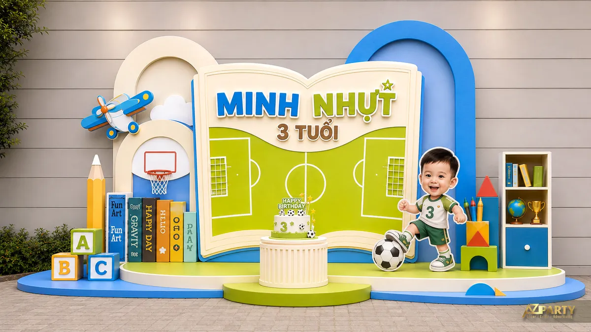 Chủ đề thể thao học đường với cầu môn, bóng rổ, sách và tông xanh vàng