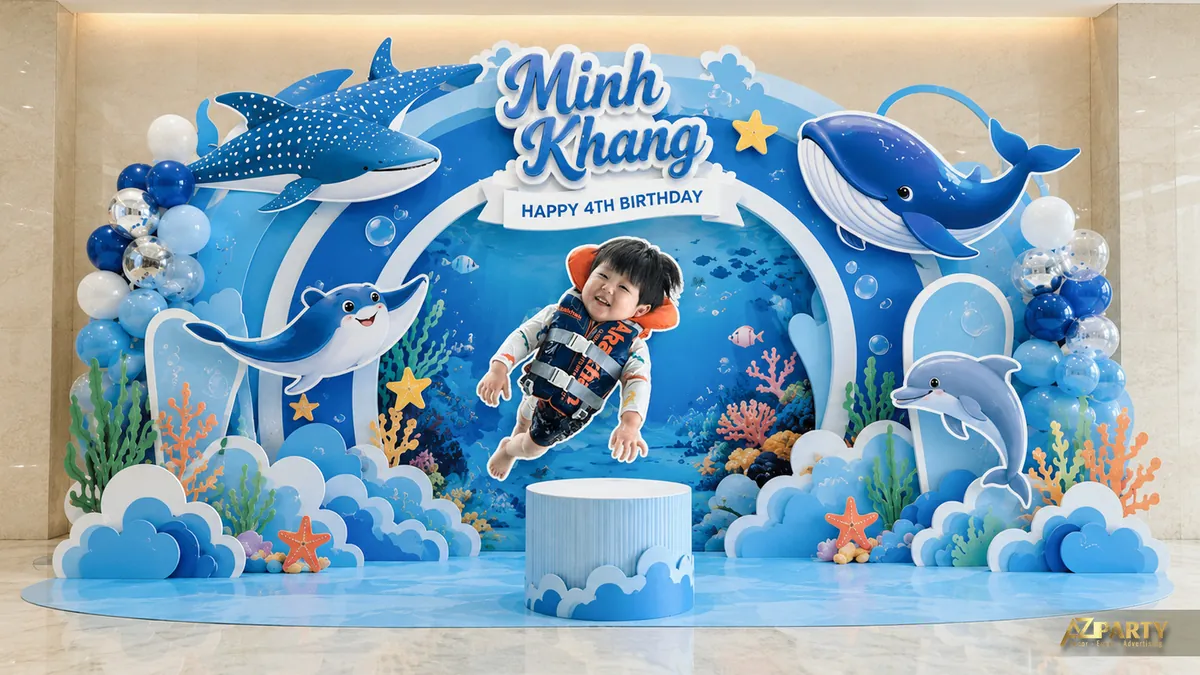 Backdrop đại dương xanh dương với cá mập, cá heo và san hô cho bé Minh Khang